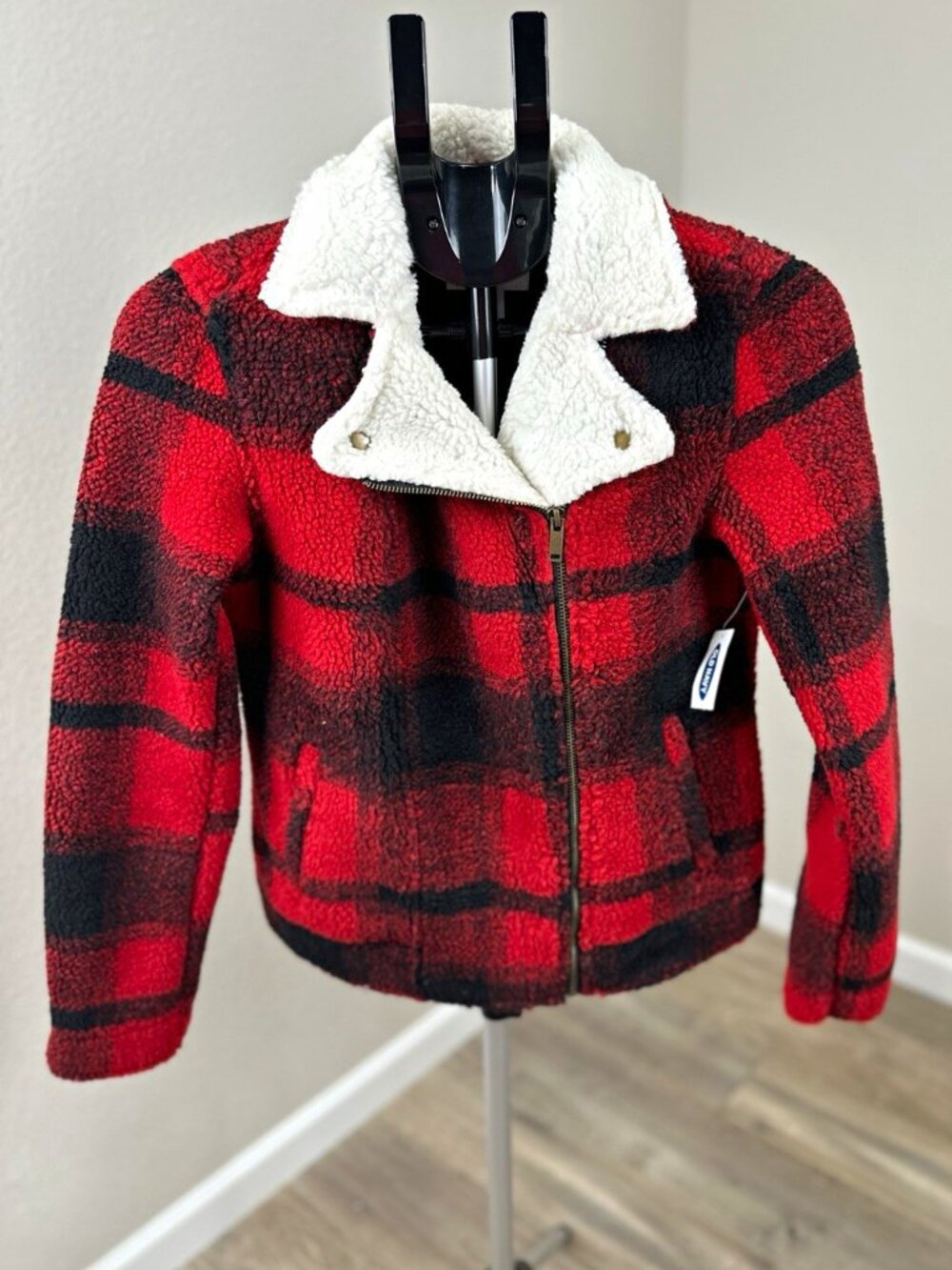 Old Navy Women’s Sherpa Moto Jacket S Red Black Buffalo Plaid Fleece